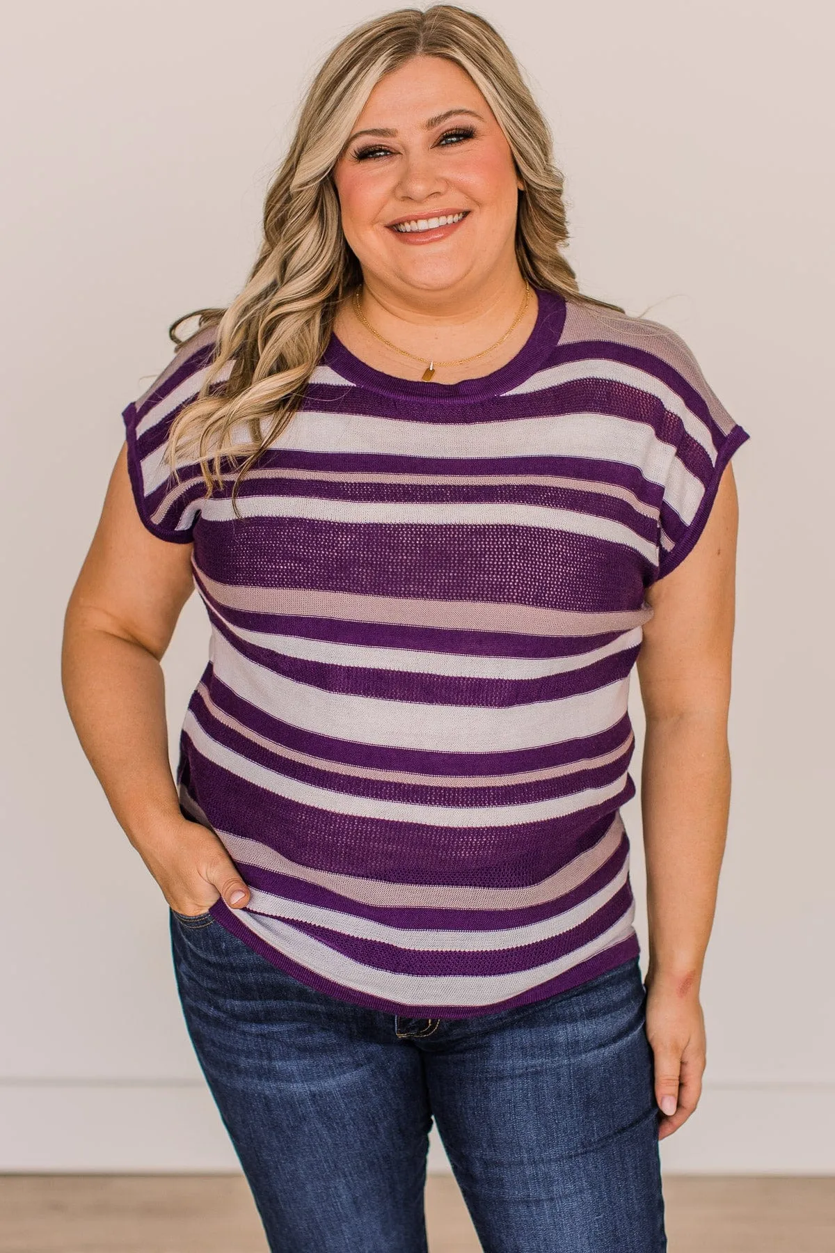 Striped Knit Top in Ivory & Purple - Shop Now.