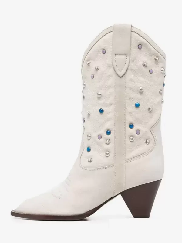 Studded Heel Mid Calf Western Boots