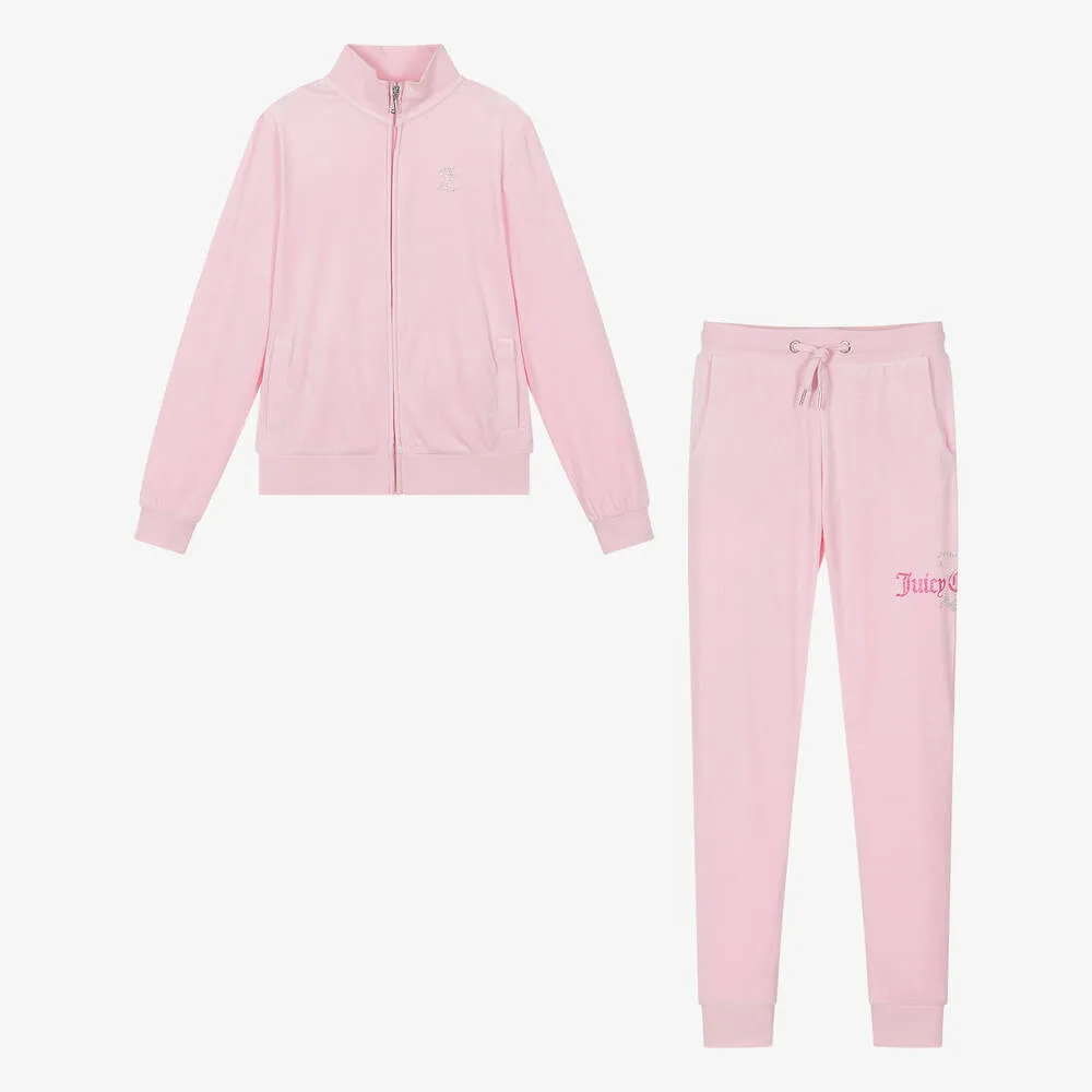 Teen Girls Pink Velour Slim-Fit Tracksuit