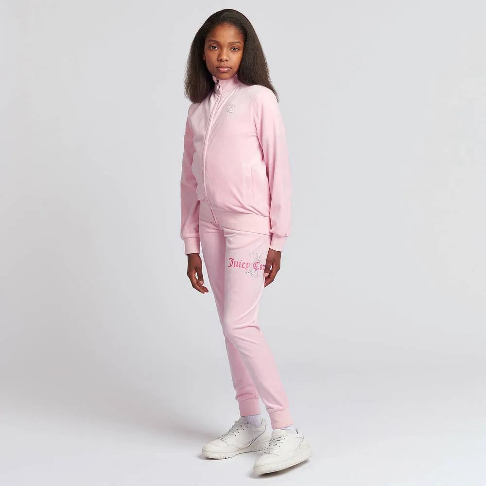 Teen Girls Pink Velour Slim-Fit Tracksuit