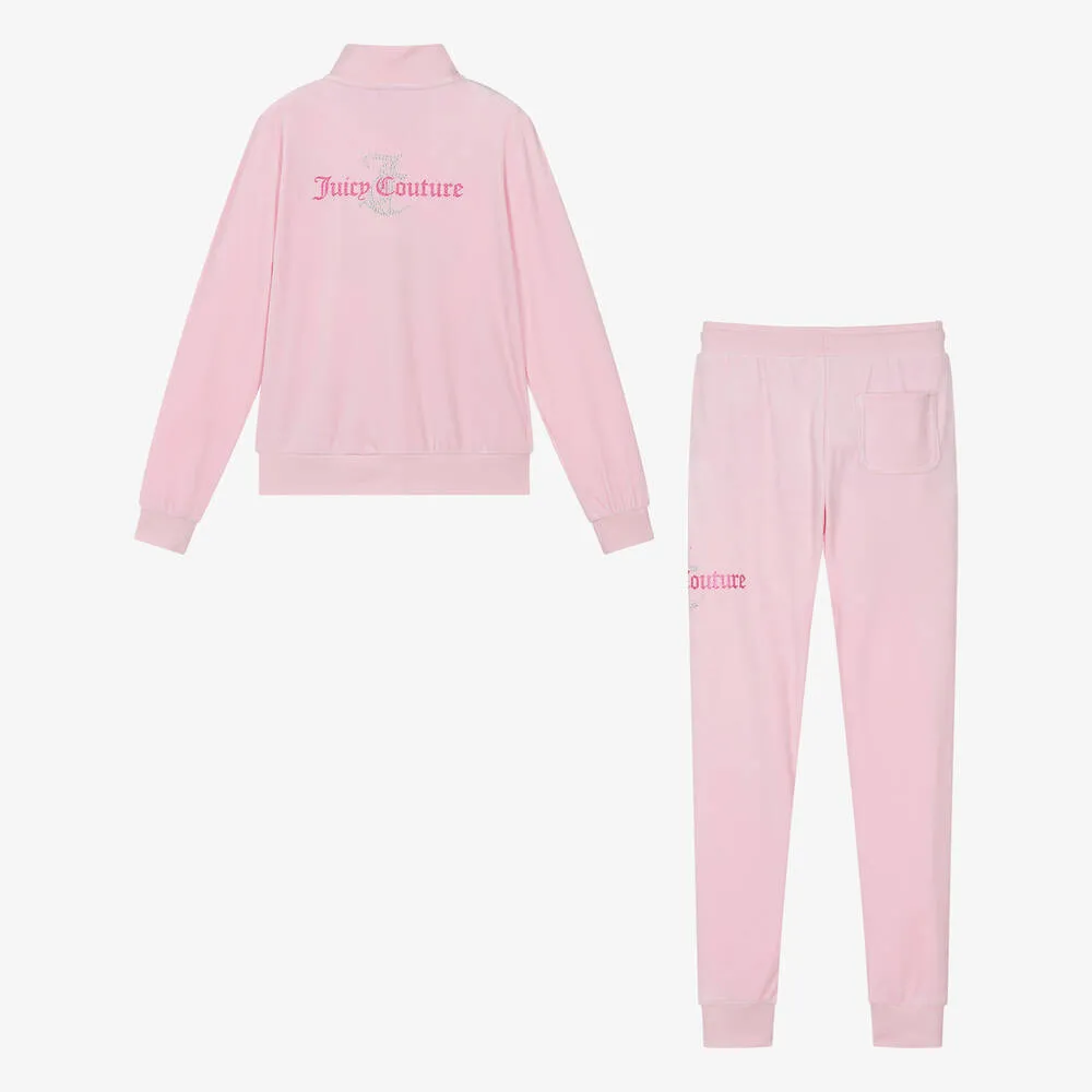 Teen Girls Pink Velour Slim-Fit Tracksuit