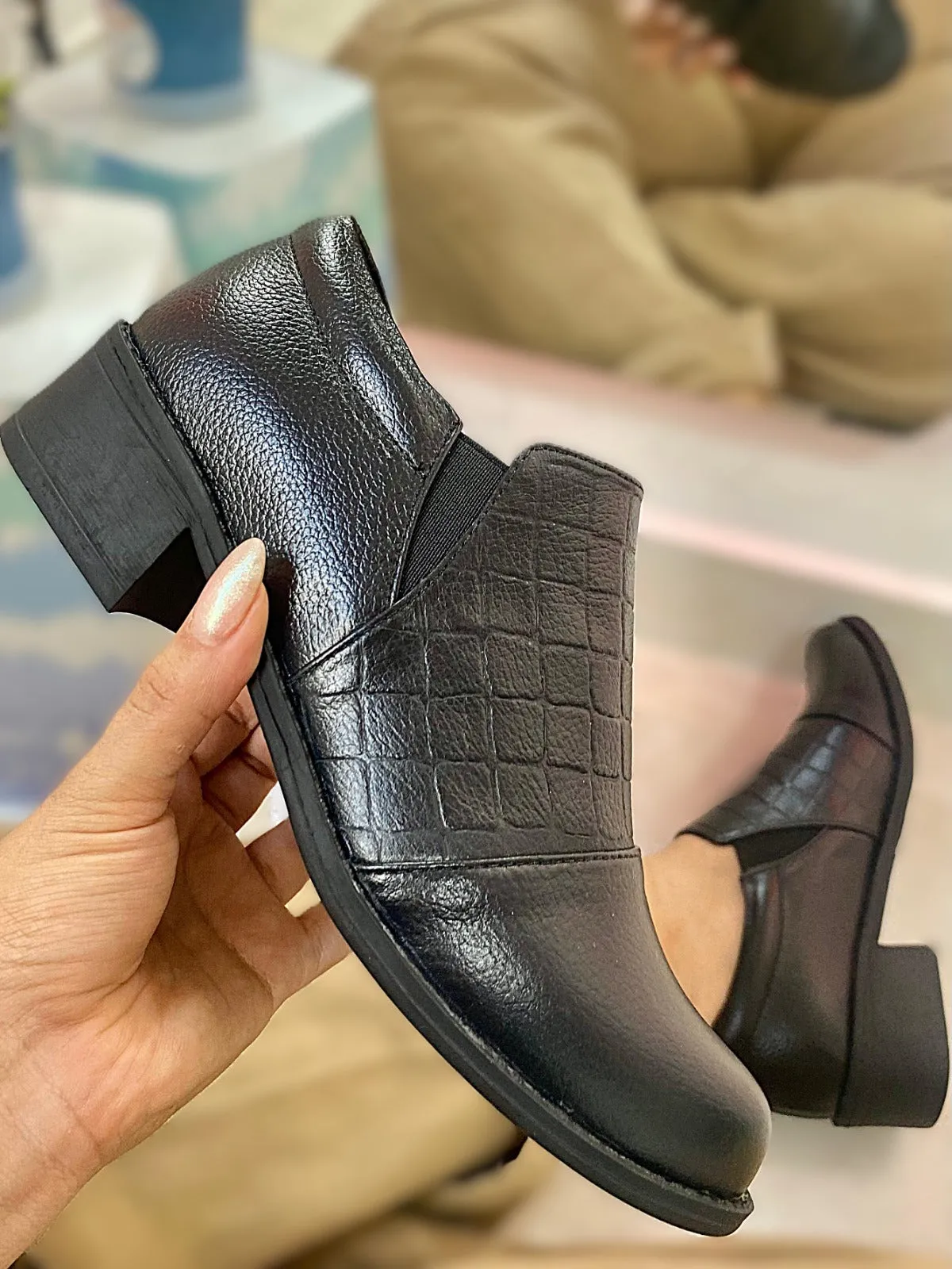 Textured Leather Slip-On Block Heel Shoes