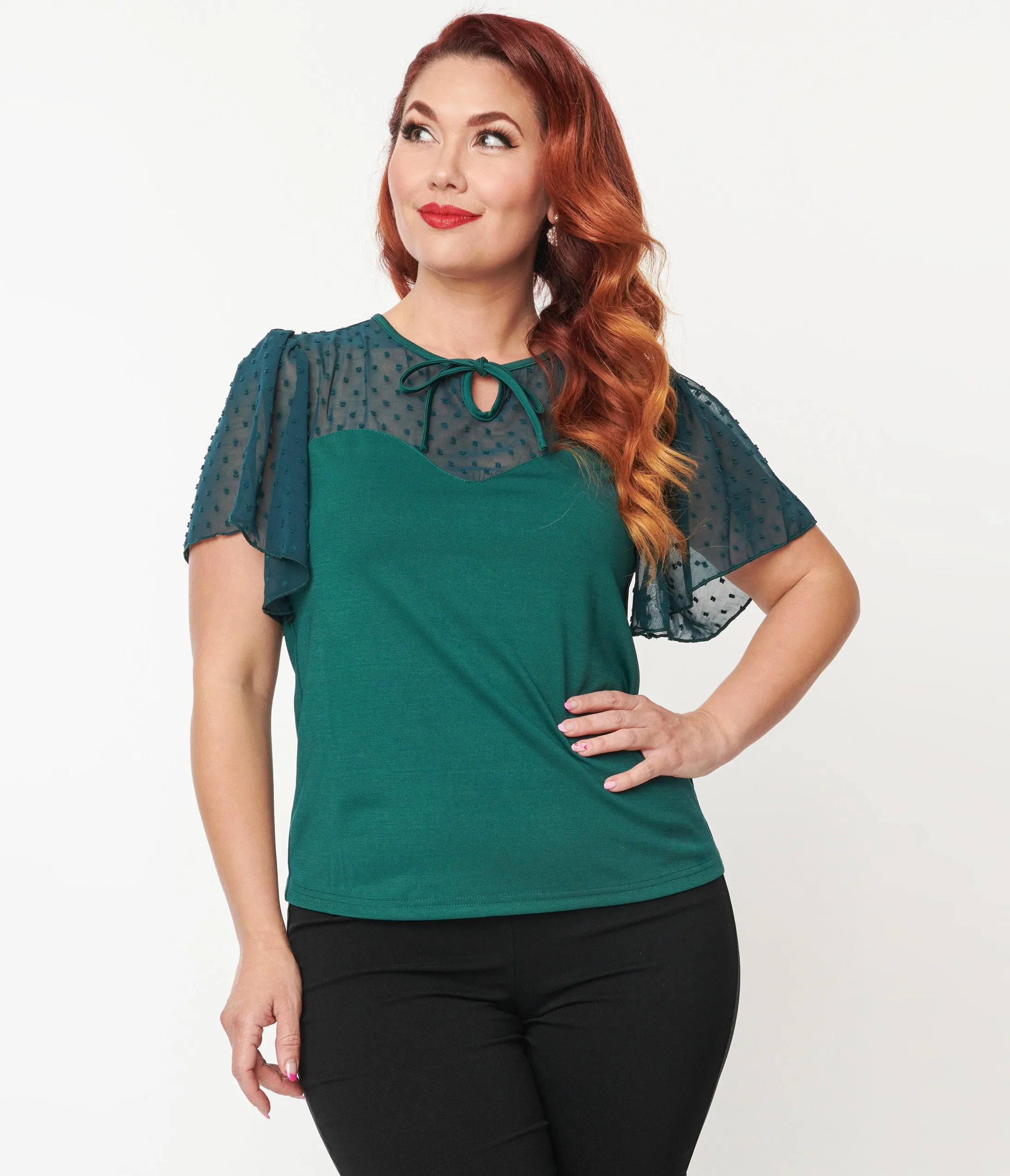 1950s Green Clipdot Flutter Sleeve Sweetheart Top.