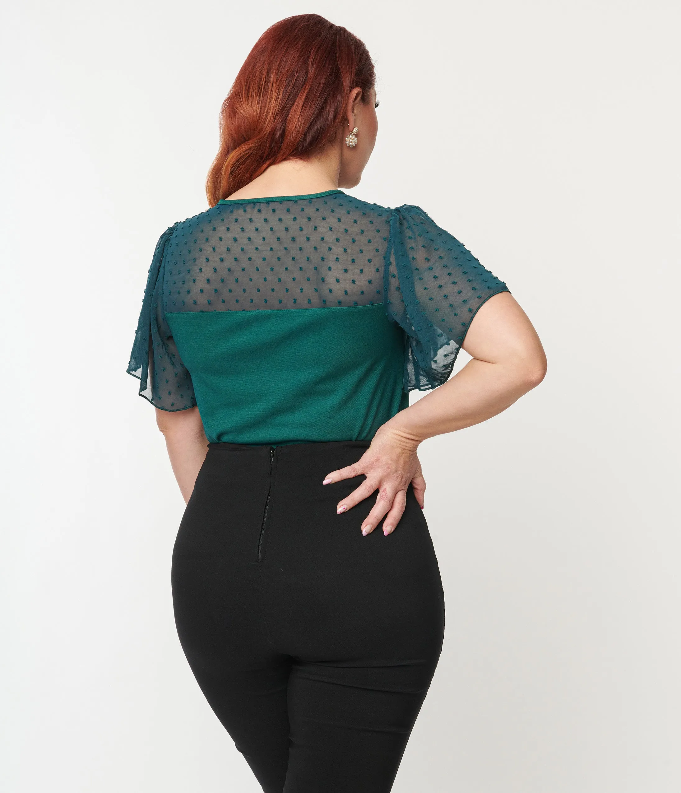 1950s Green Clipdot Flutter Sleeve Sweetheart Top.