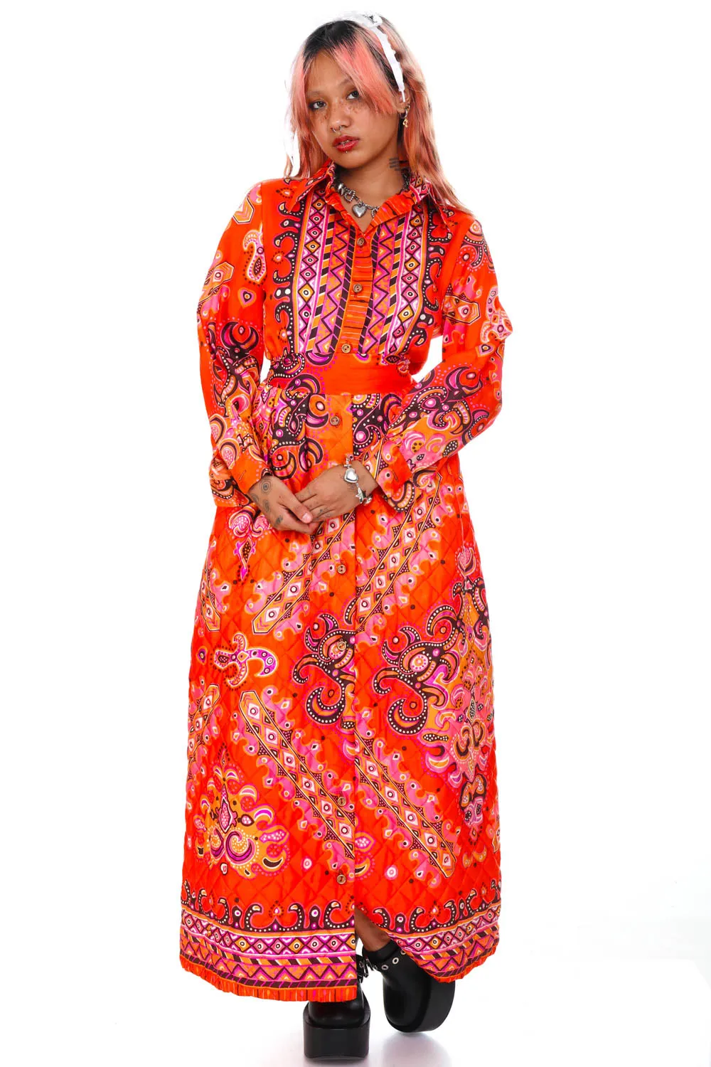 Vintage 70's Bright Orange Pattern Long-Sleeve Maxi Dress - XS/S