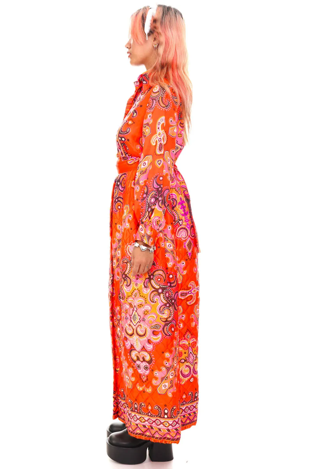 Vintage 70's Bright Orange Pattern Long-Sleeve Maxi Dress - XS/S