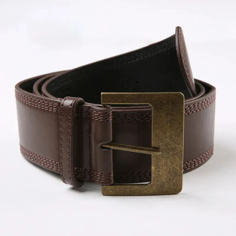 Brown Women's Vintage Faux Leather Belt with Solid Pattern Buckle