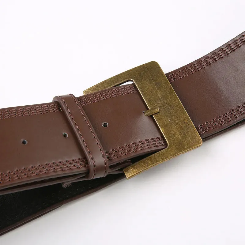 Brown Women's Vintage Faux Leather Belt with Solid Pattern Buckle