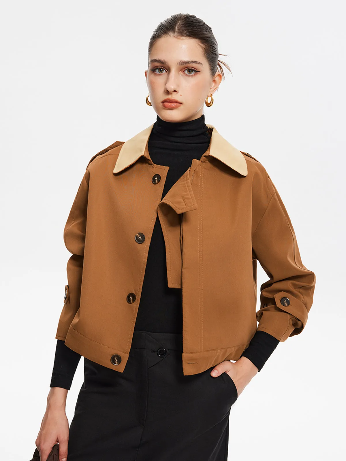 Vintage Contrast-Collar Button Trench Coat