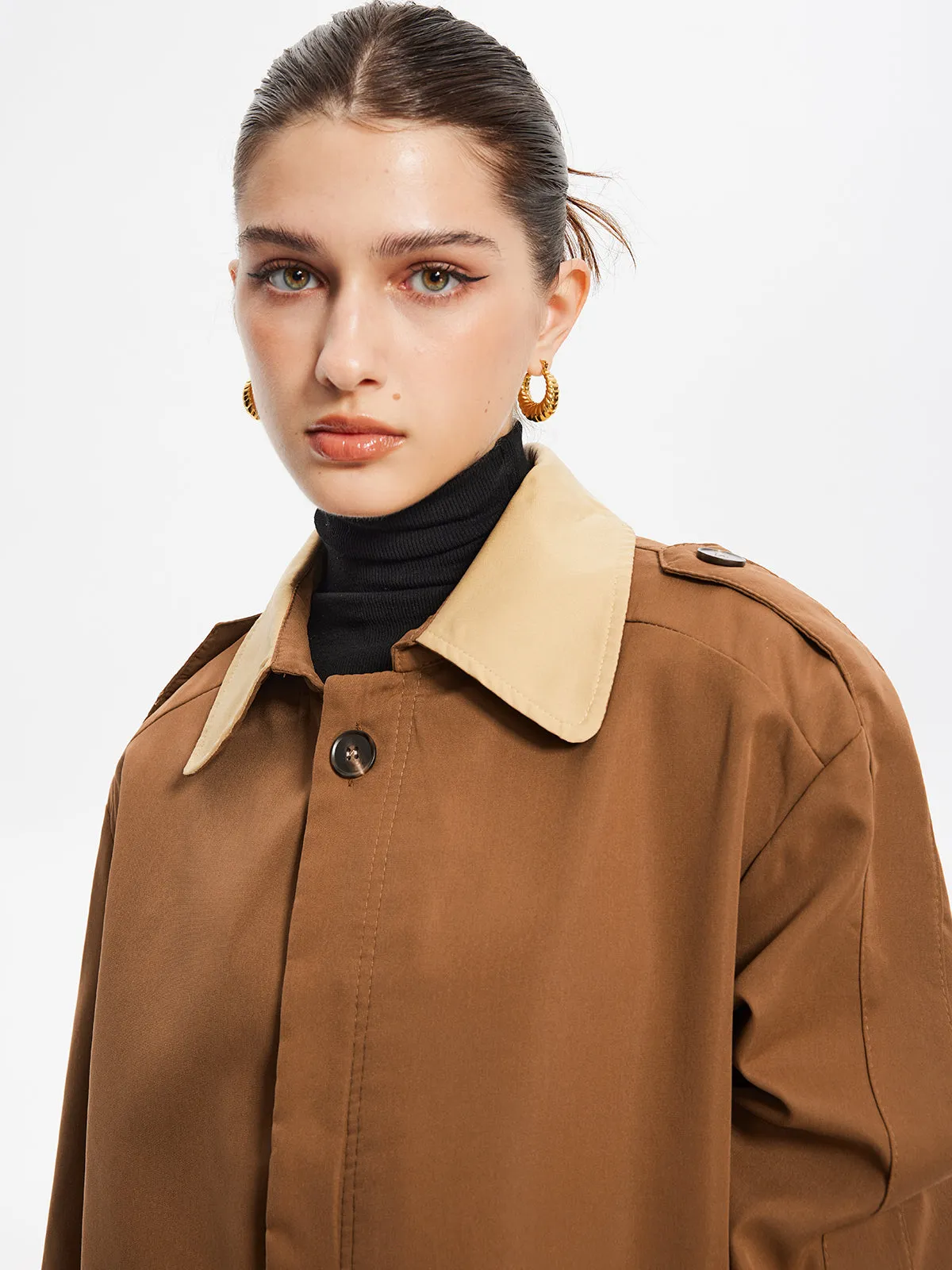 Vintage Contrast-Collar Button Trench Coat