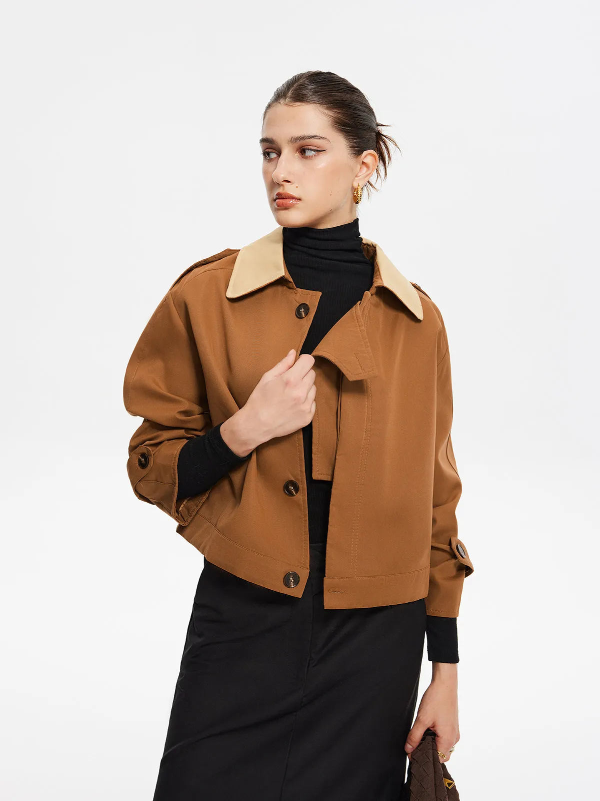 Vintage Contrast-Collar Button Trench Coat