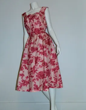 vintage GiGi Young dress / 1960s silk shantung / pink flowers full skirt M