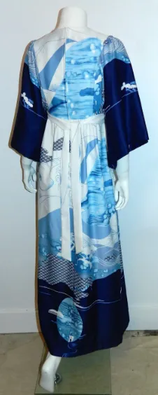 vintage Hilo Hattie dress 1970s Evelyn Margolis caftan kimono Hawaiian maxi gown blue waves XS - S