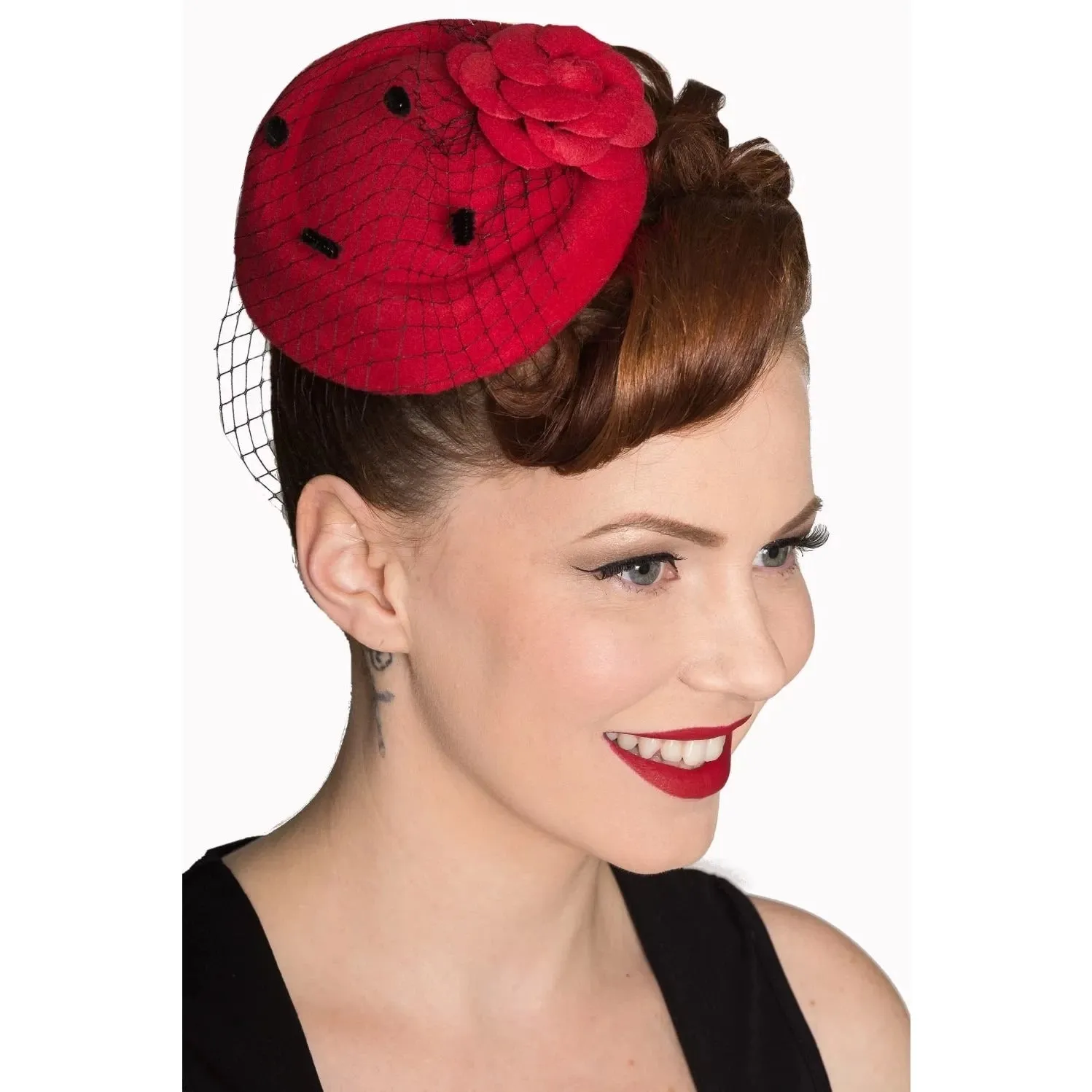 Vintage Red Flower Pillbox Hat Headpiece