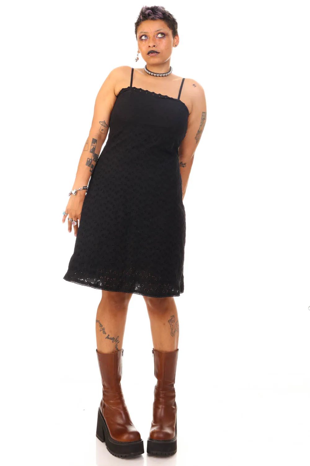 Vintage Y2K Little Black Eyelet Dress - L