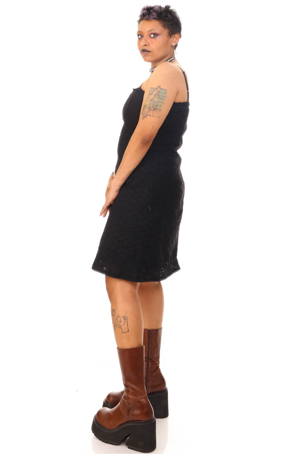 Vintage Y2K Little Black Eyelet Dress - L