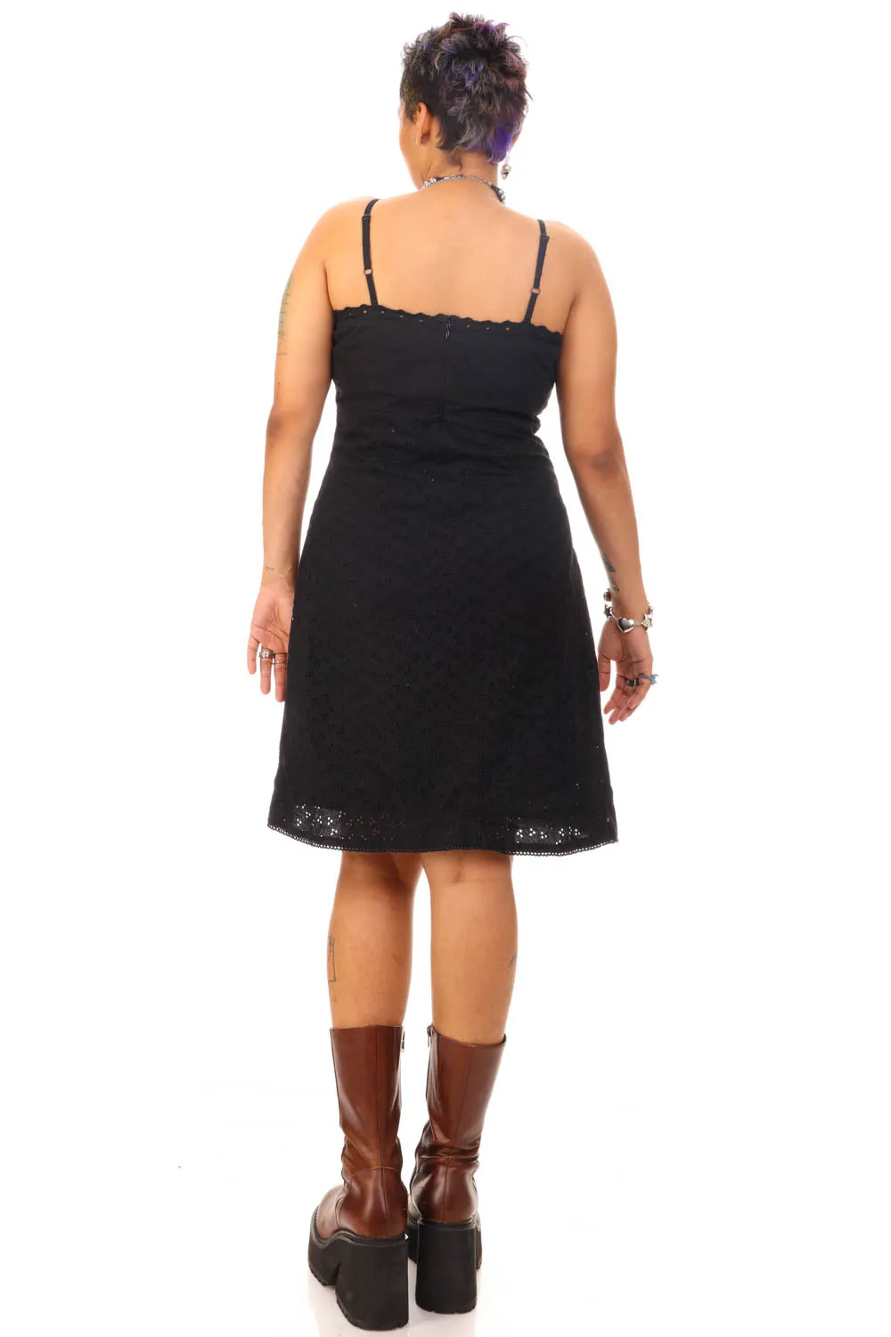 Vintage Y2K Little Black Eyelet Dress - L