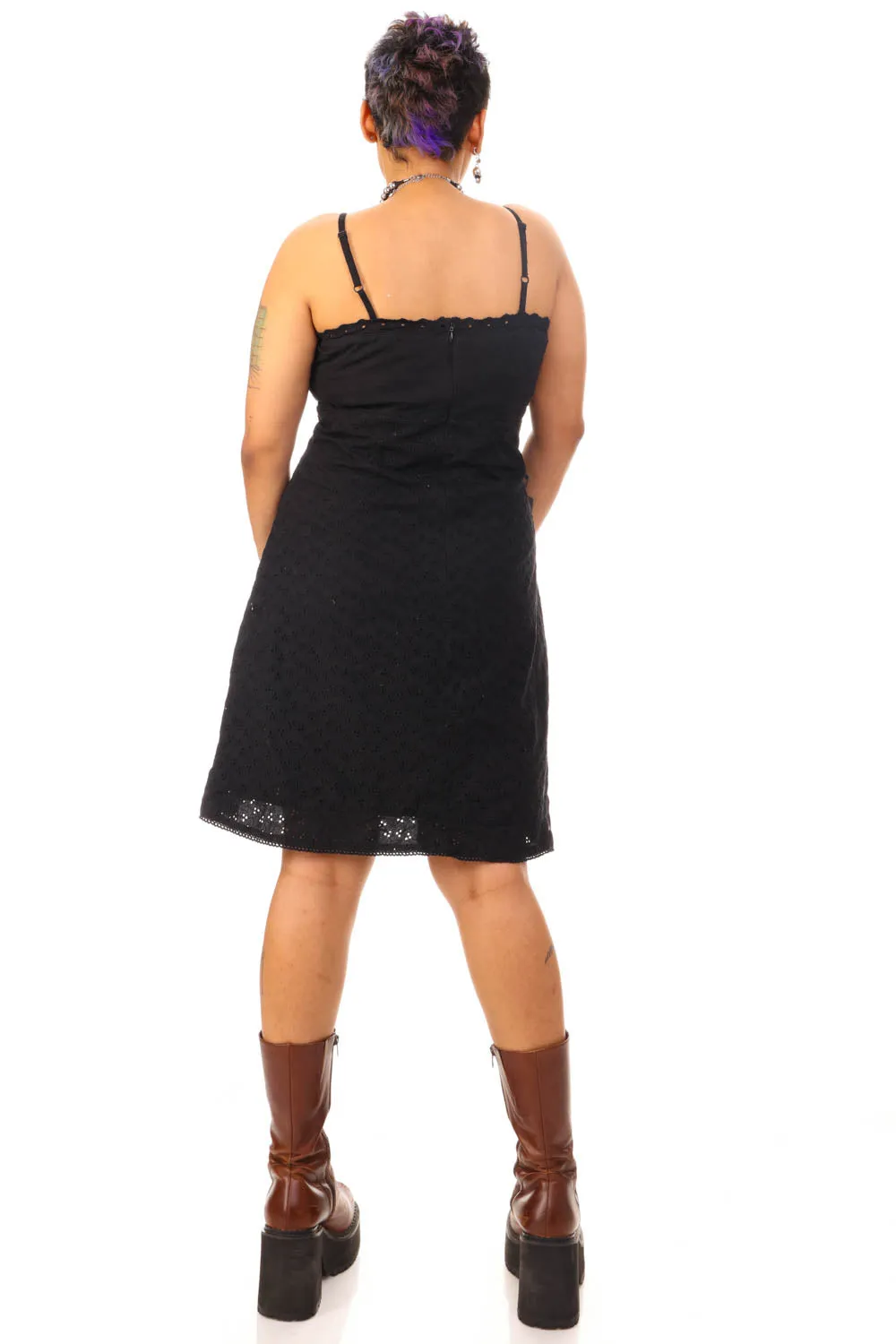 Vintage Y2K Little Black Eyelet Dress - L