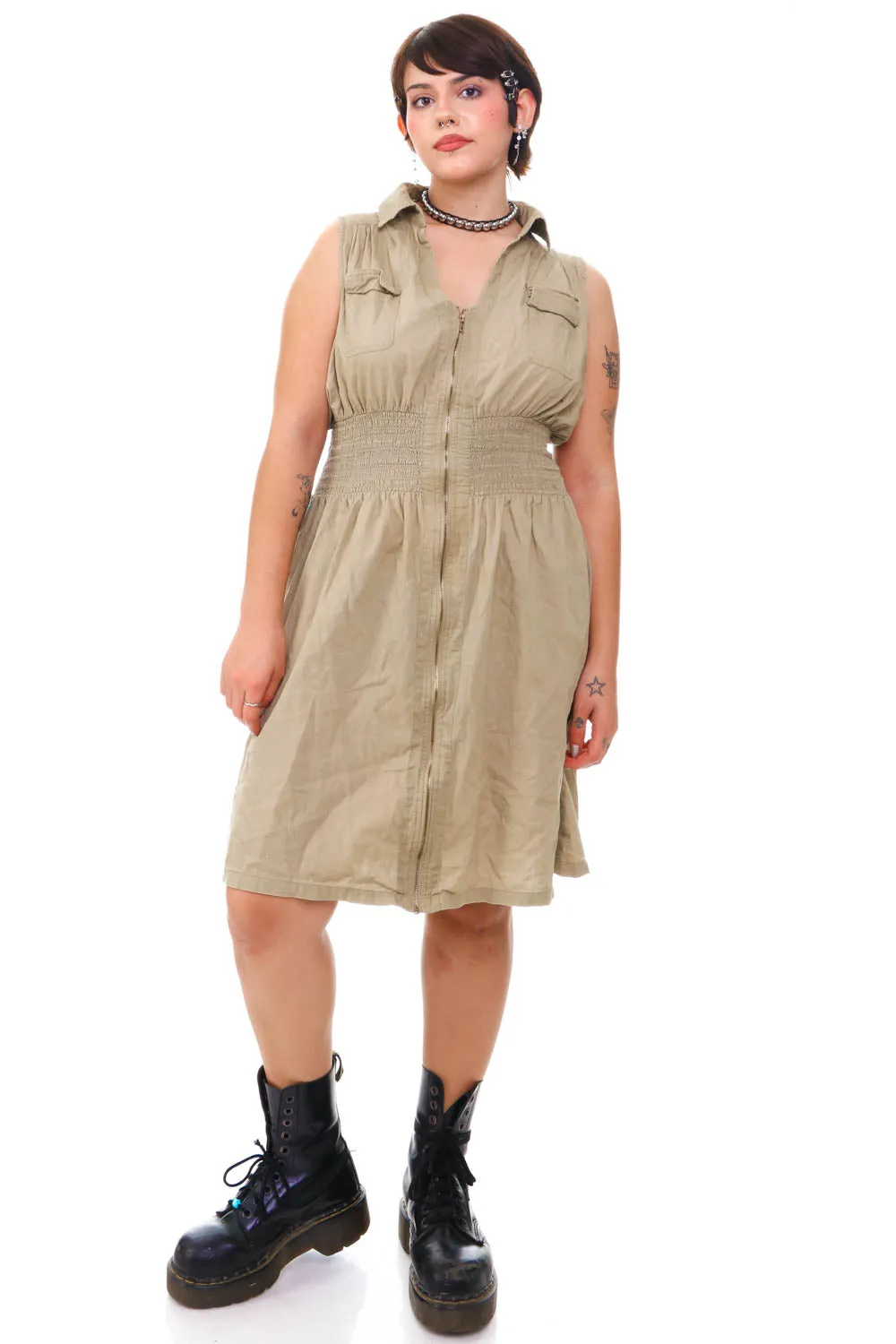 Vintage Y2K Sandy Zip Up Tank Dress - M/L/XL