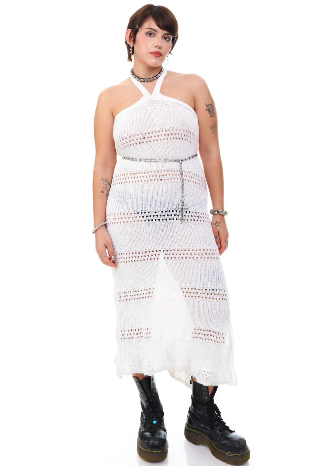 Vintage Y2K White Crochet Knit Halter Dress - M/L