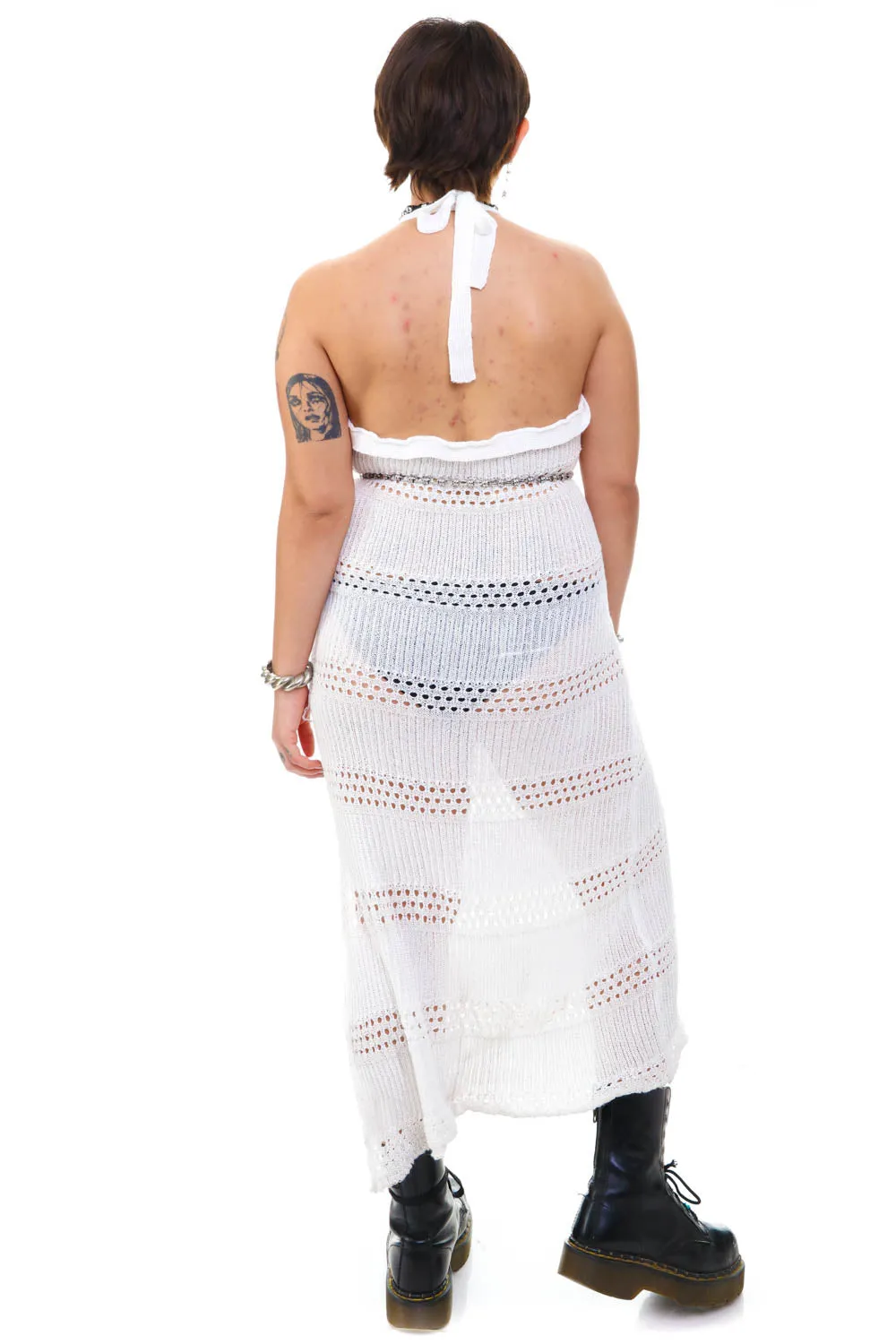 Vintage Y2K White Crochet Knit Halter Dress - M/L