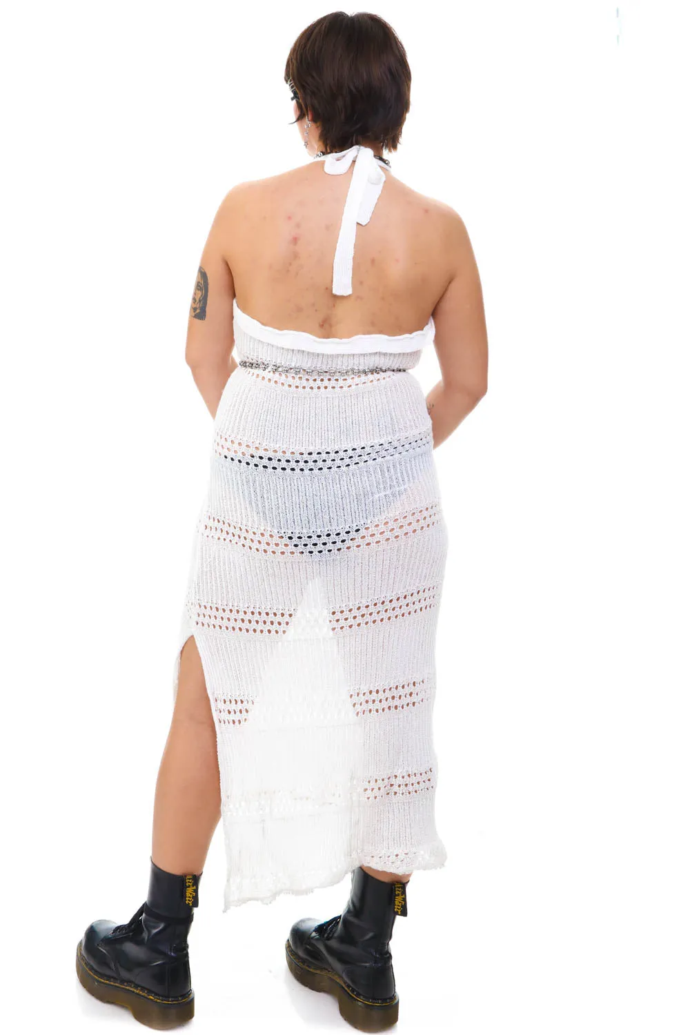 Vintage Y2K White Crochet Knit Halter Dress - M/L