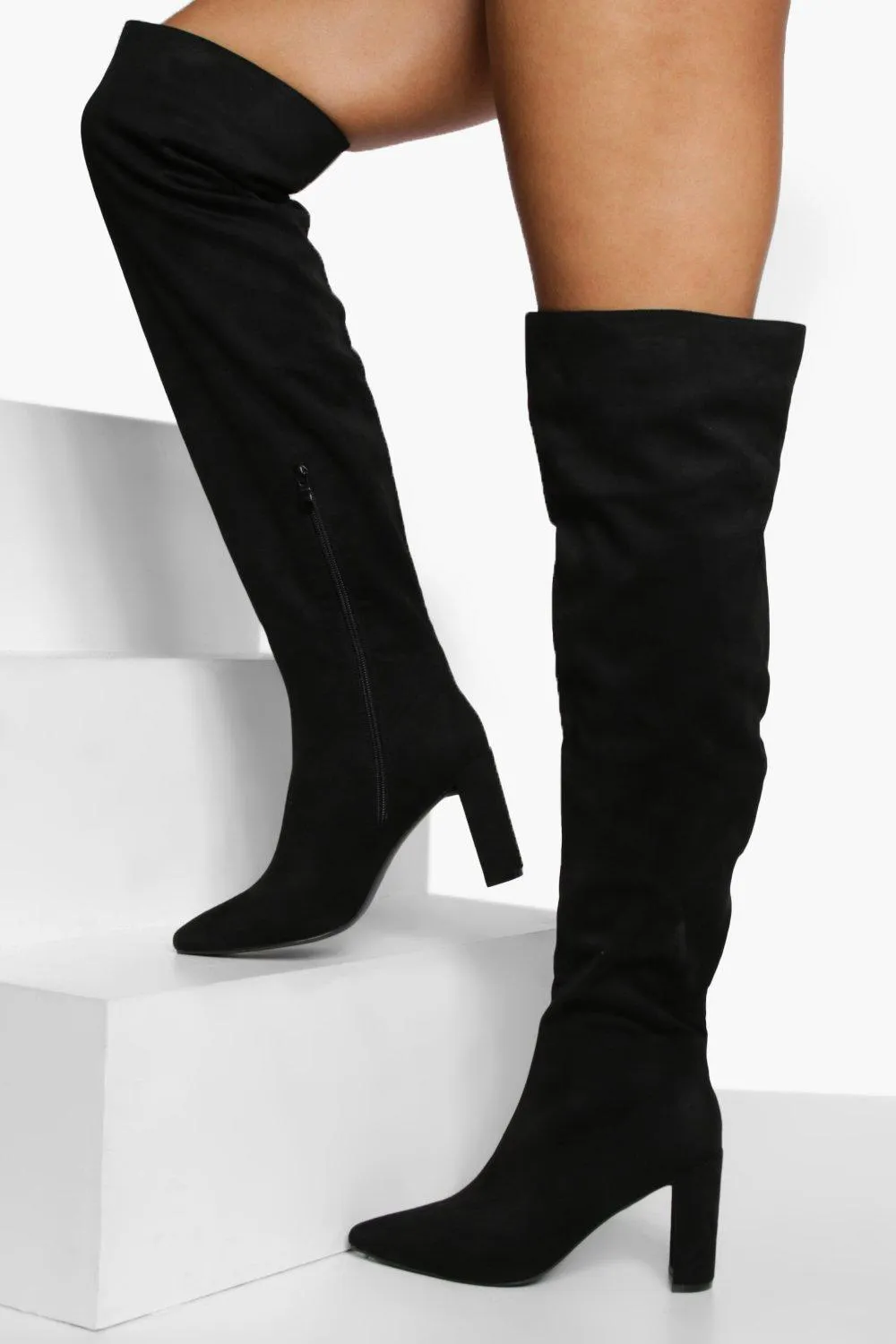 Wide Width Block Heel Thigh High Boots