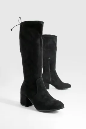 Wide Width Block Heel Tie Knee High Boots