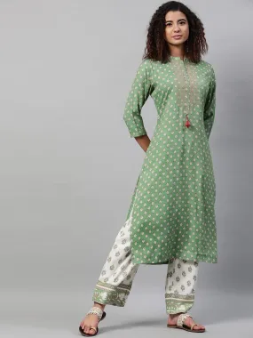 Women Green Beige Ethnic Motifs Self Design Kurta With Trousers