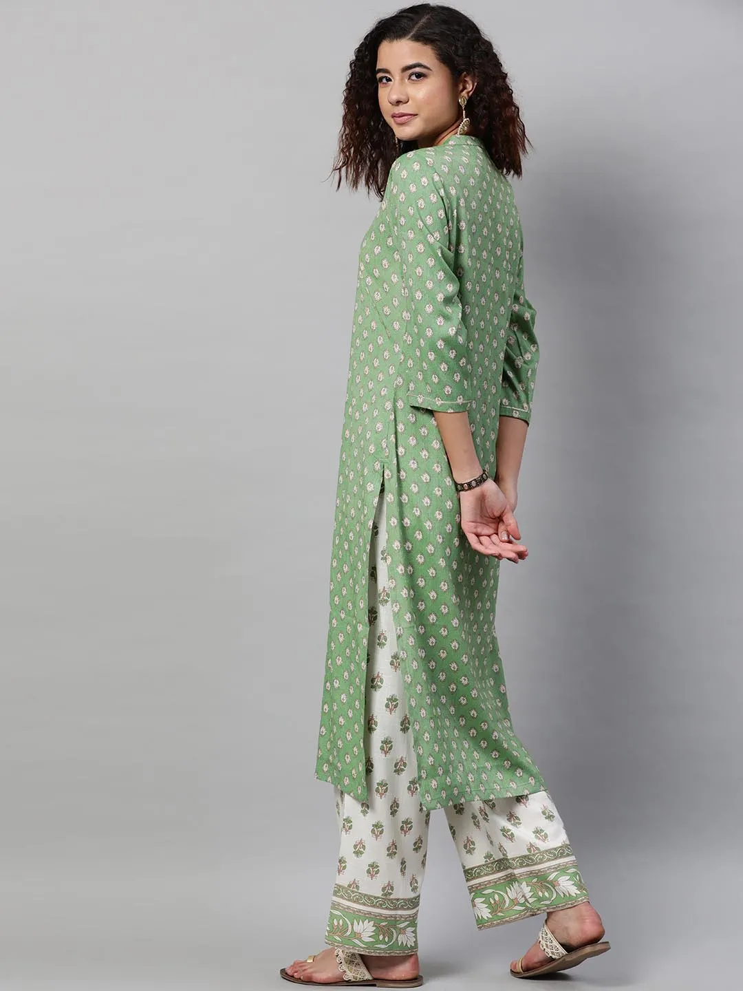 Women Green Beige Ethnic Motifs Self Design Kurta With Trousers