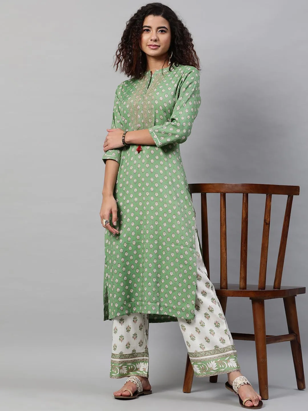 Women Green Beige Ethnic Motifs Self Design Kurta With Trousers