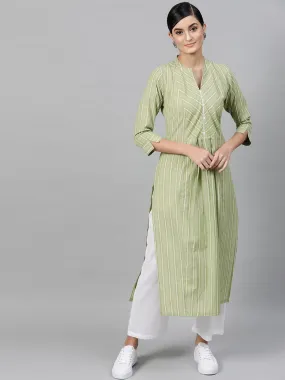 Women Green White Striped Kurta with Trousers