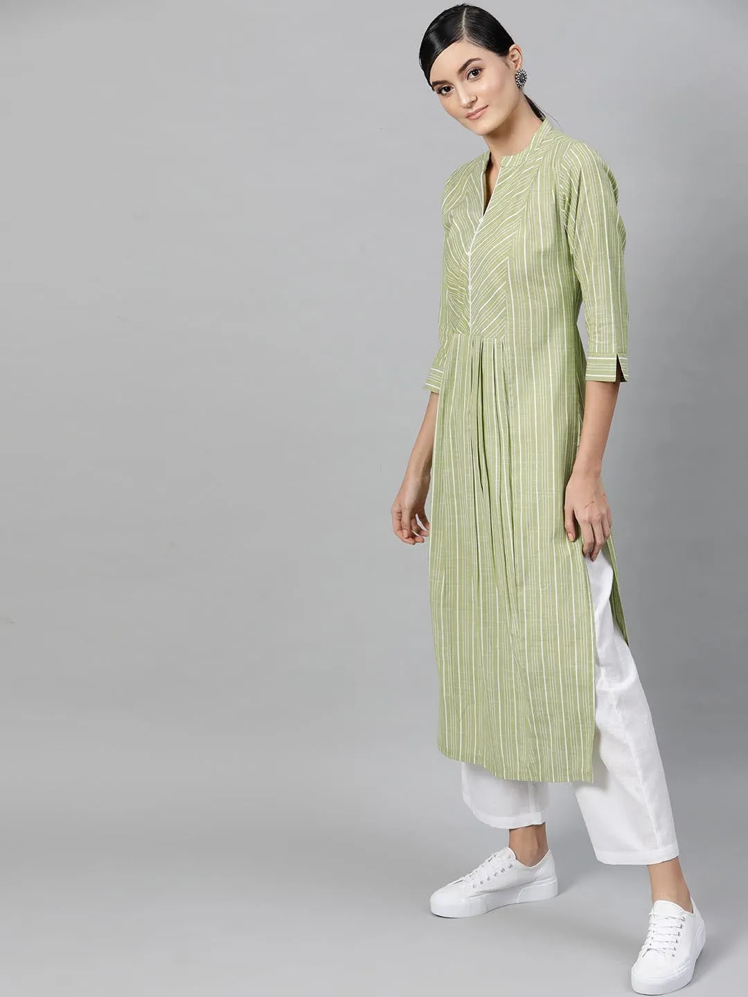 Women Green White Striped Kurta with Trousers