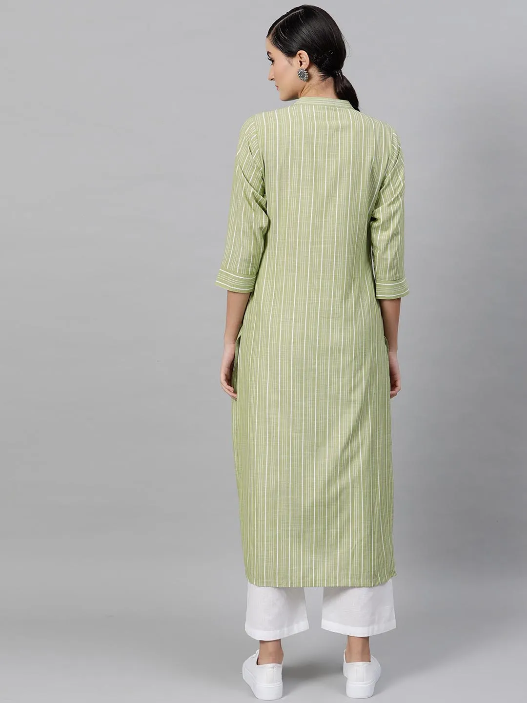 Women Green White Striped Kurta with Trousers