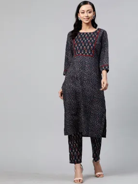 Women Navy Blue Maroon Printed Cotton Kurta with Trousers