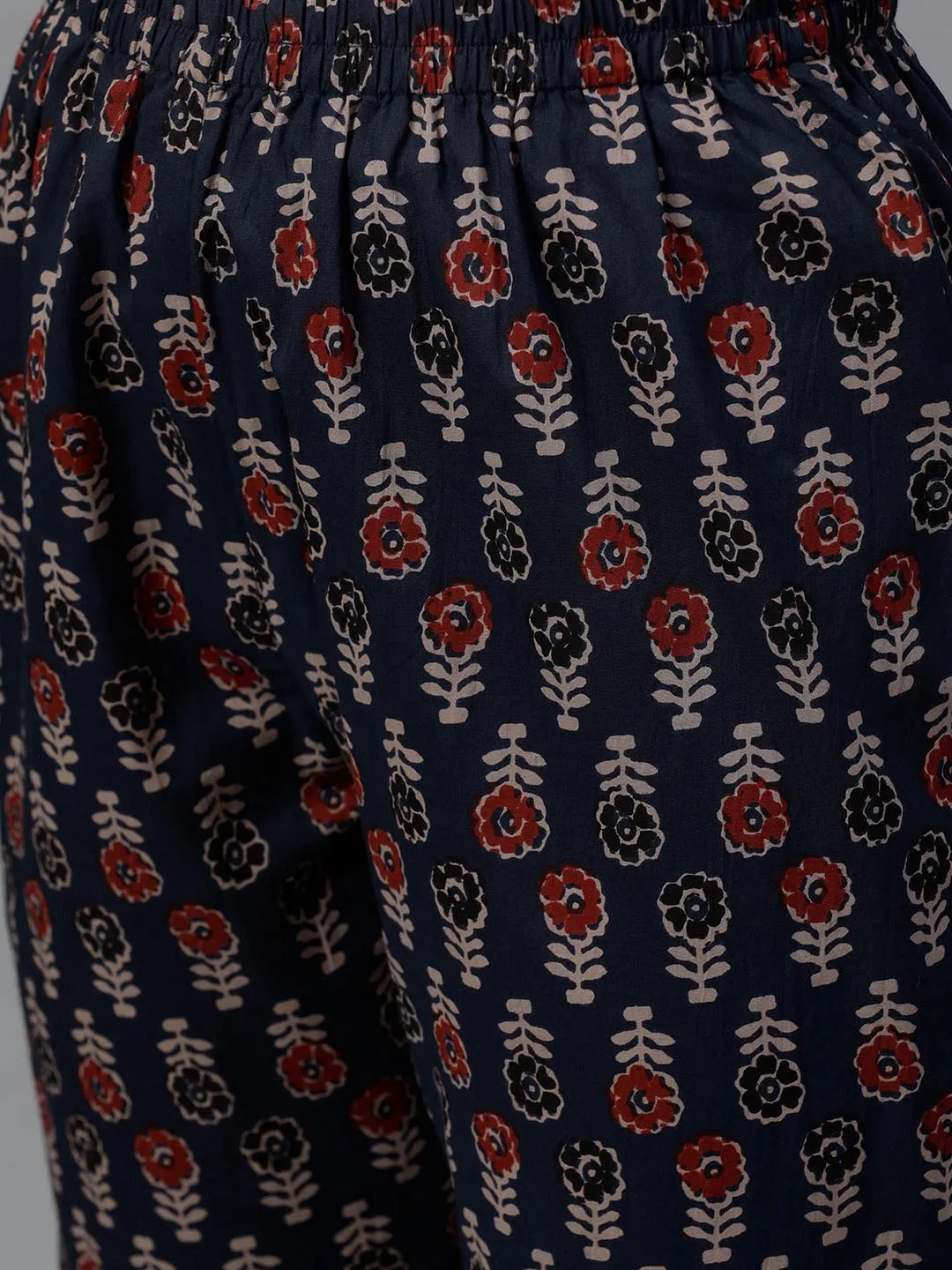 Women Navy Blue Maroon Printed Cotton Kurta with Trousers