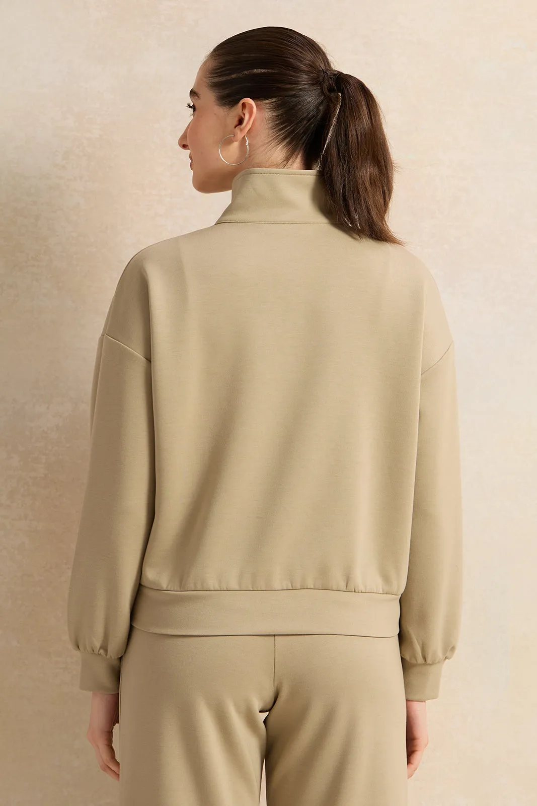 Women Olive High Neck Sweatshirt