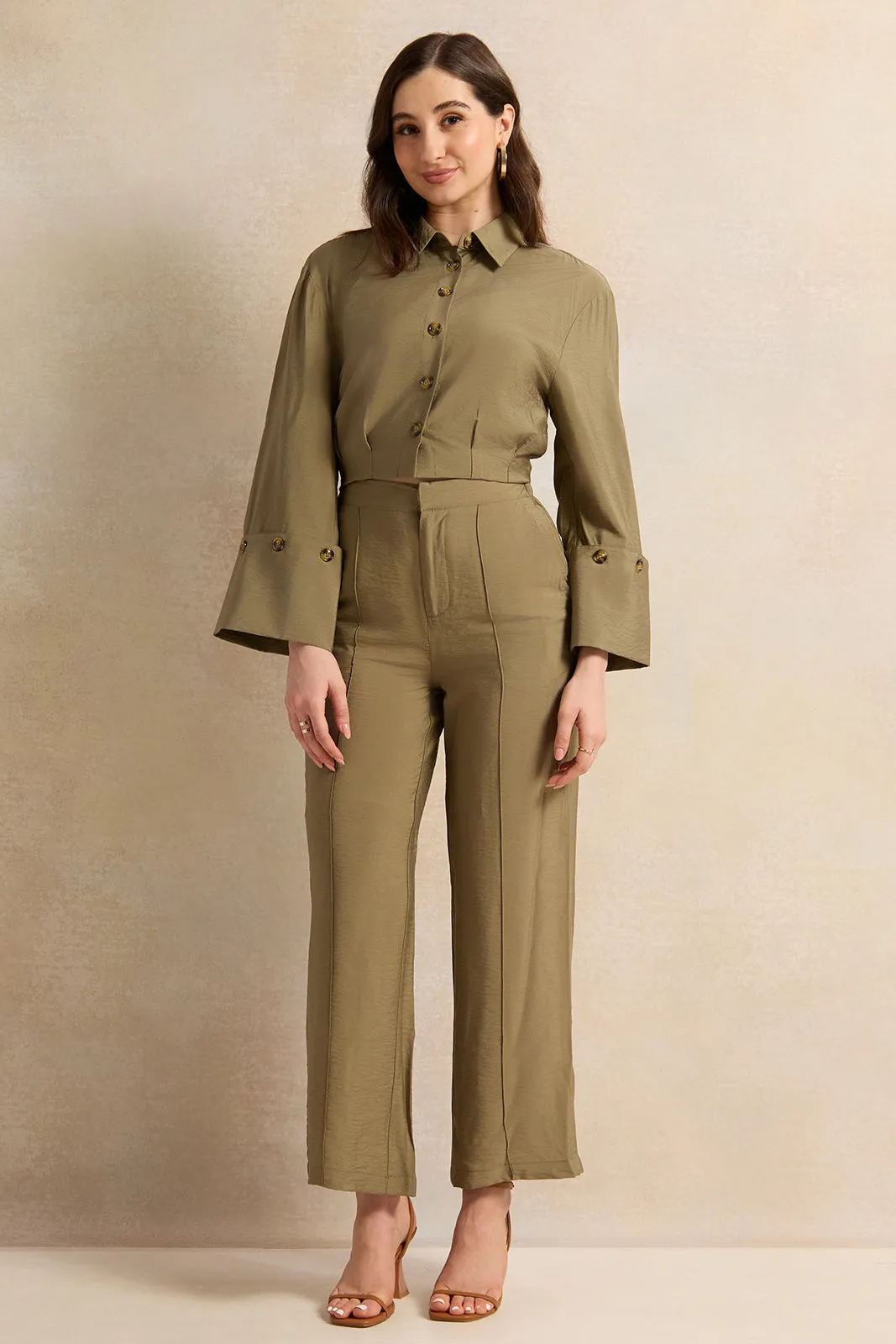 Women Olive Wide Leg Trousers