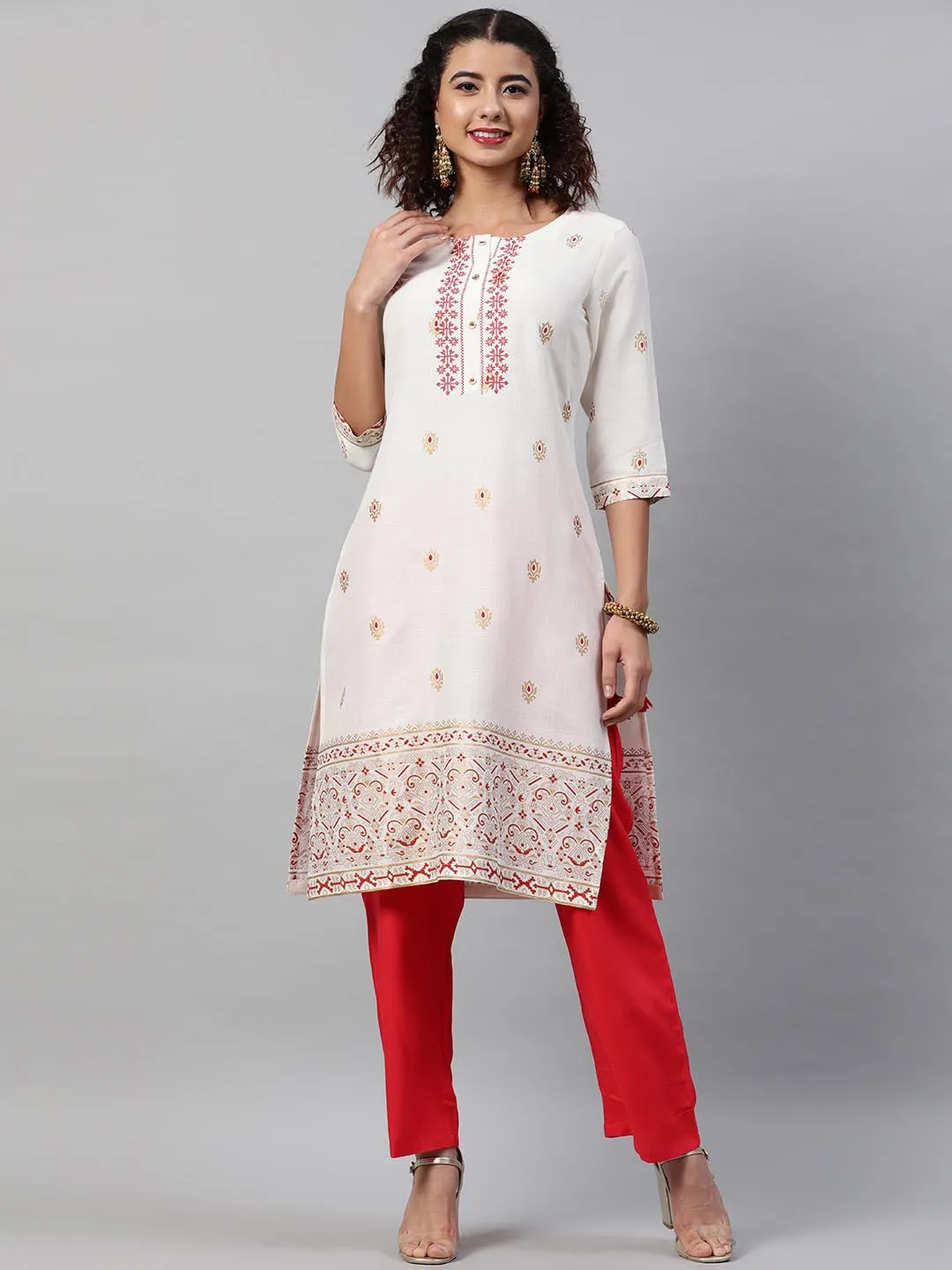 Women White Floral Embroidered Regular Kurta with Trousers