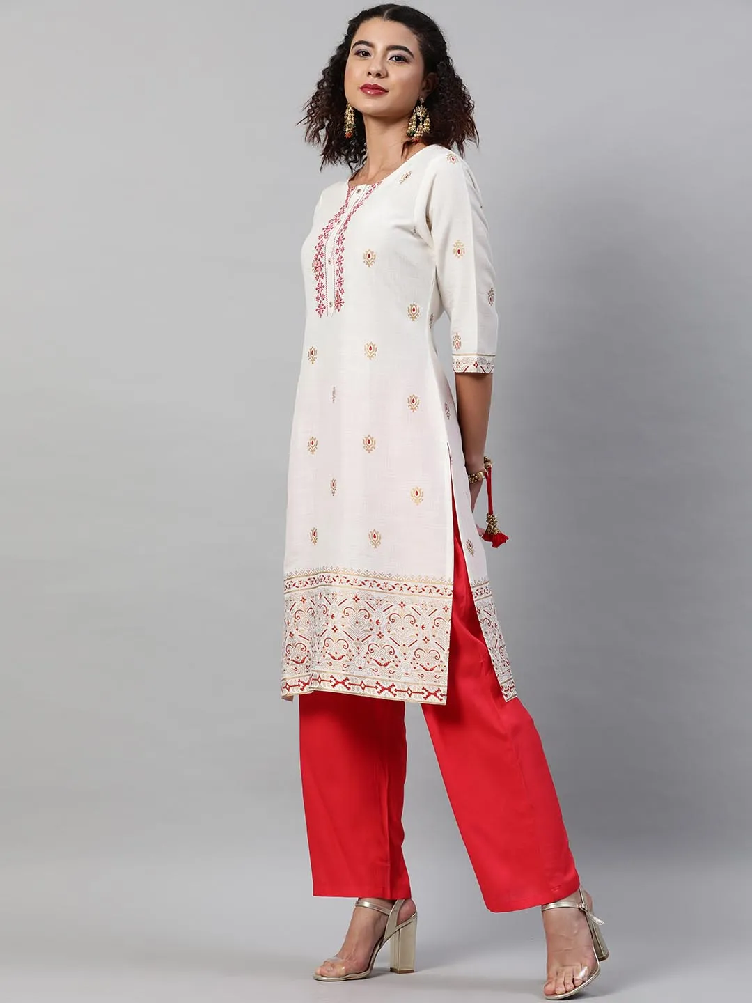 Women White Floral Embroidered Regular Kurta with Trousers