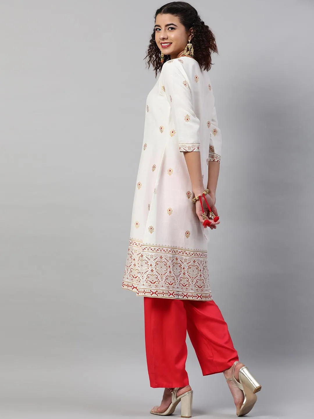 Women White Floral Embroidered Regular Kurta with Trousers