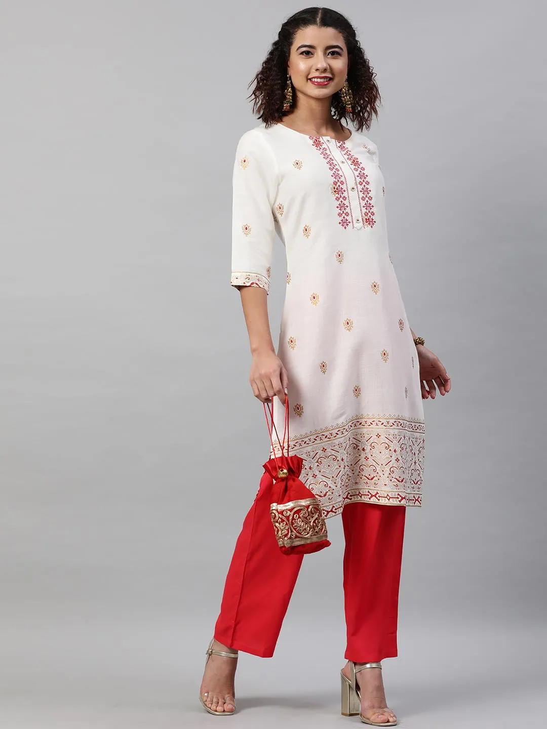 Women White Floral Embroidered Regular Kurta with Trousers