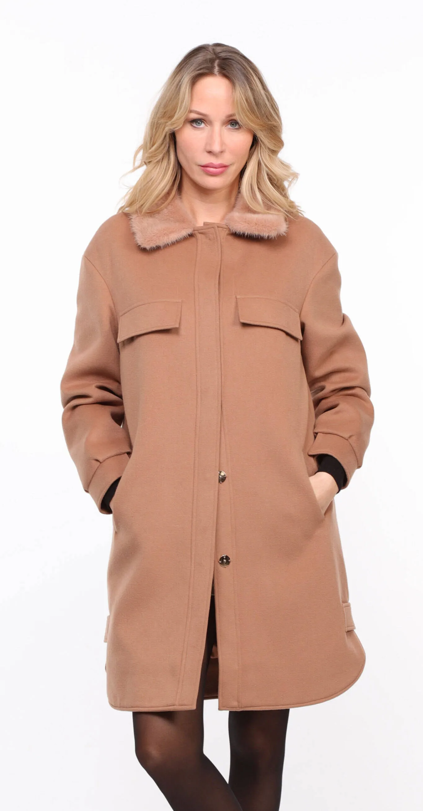 Woman's Golden Mink Collar Fabric Coat thea