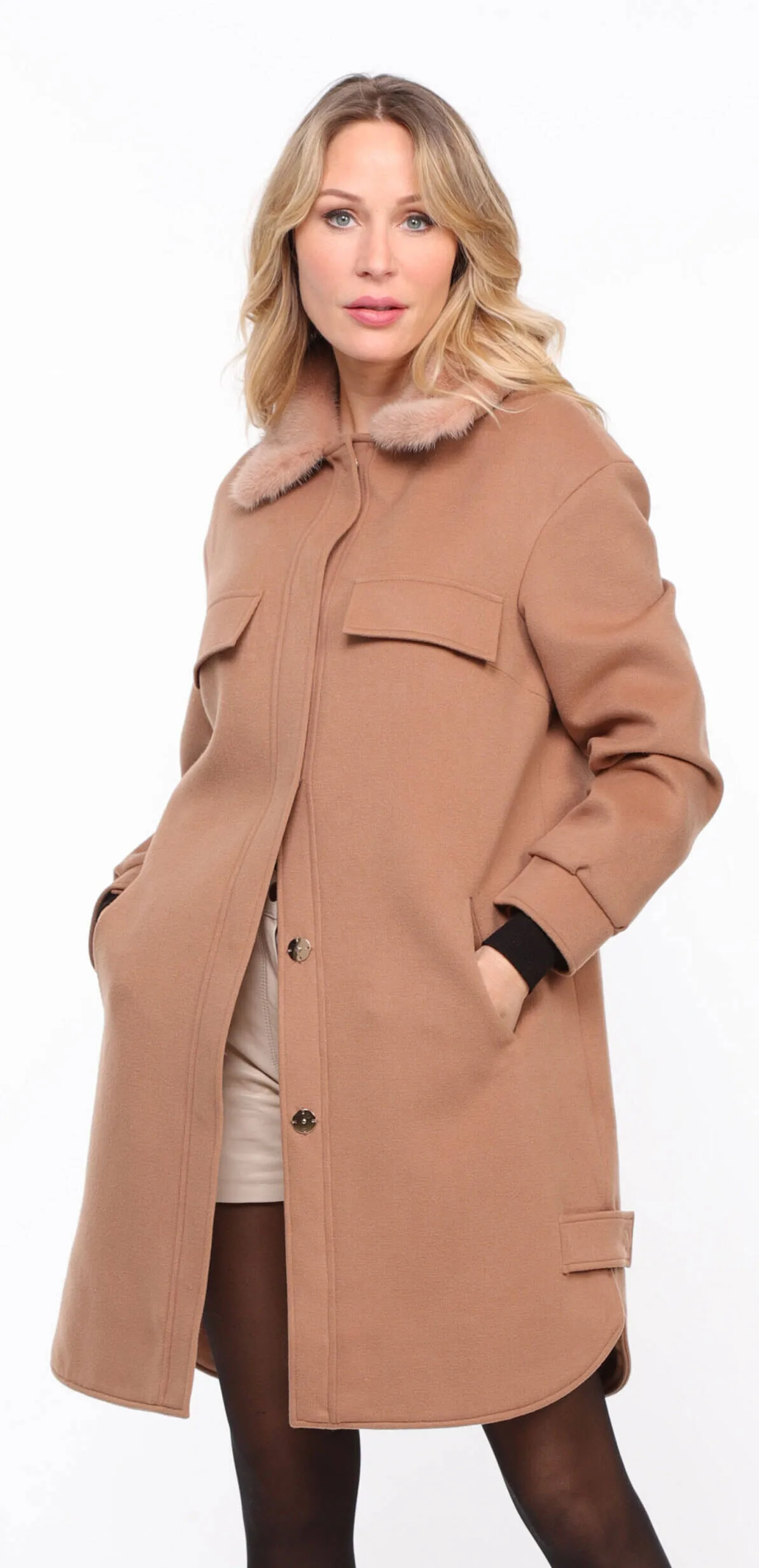 Woman's Golden Mink Collar Fabric Coat thea