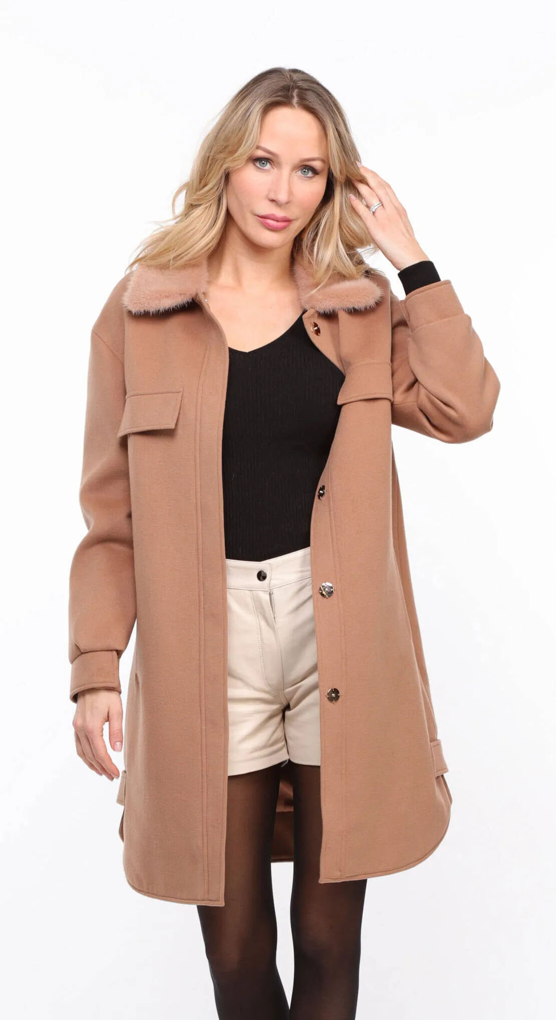 Woman's Golden Mink Collar Fabric Coat thea