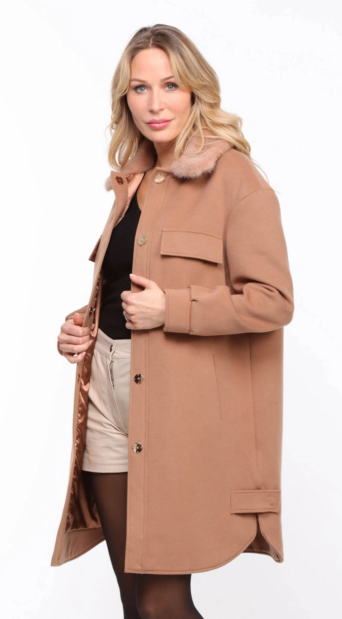 Woman's Golden Mink Collar Fabric Coat thea