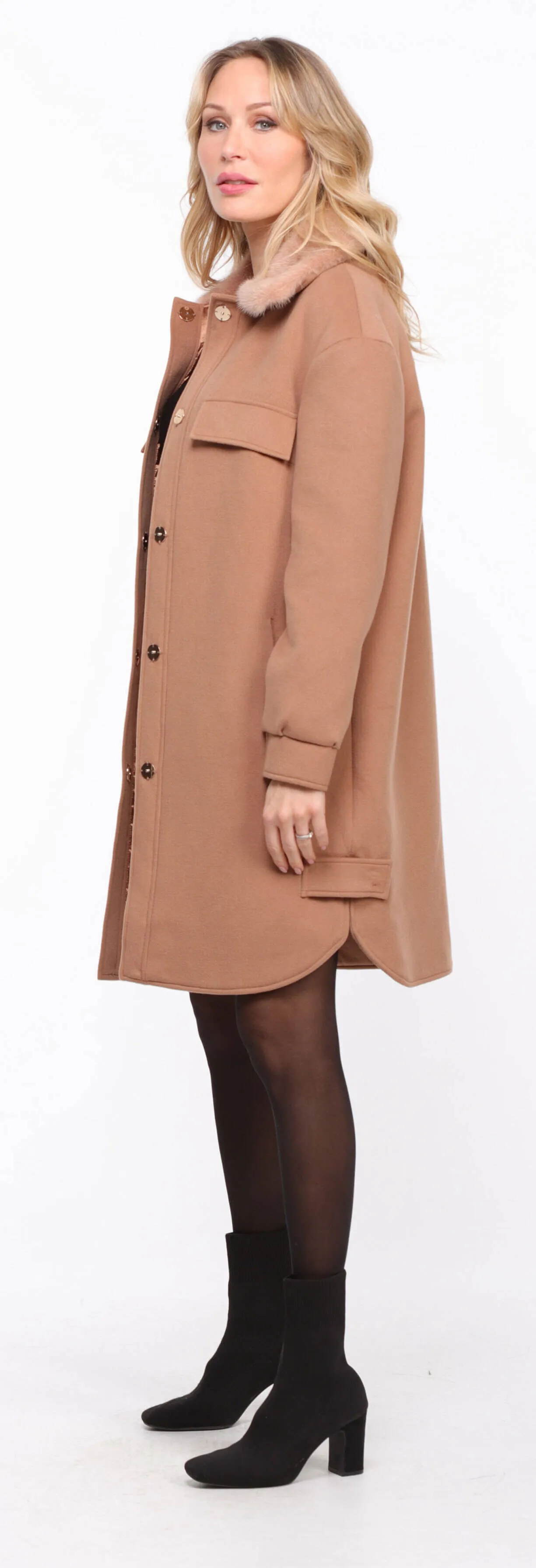 Woman's Golden Mink Collar Fabric Coat thea