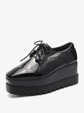 Black Lace Up Platform Wedge Oxfords for Women