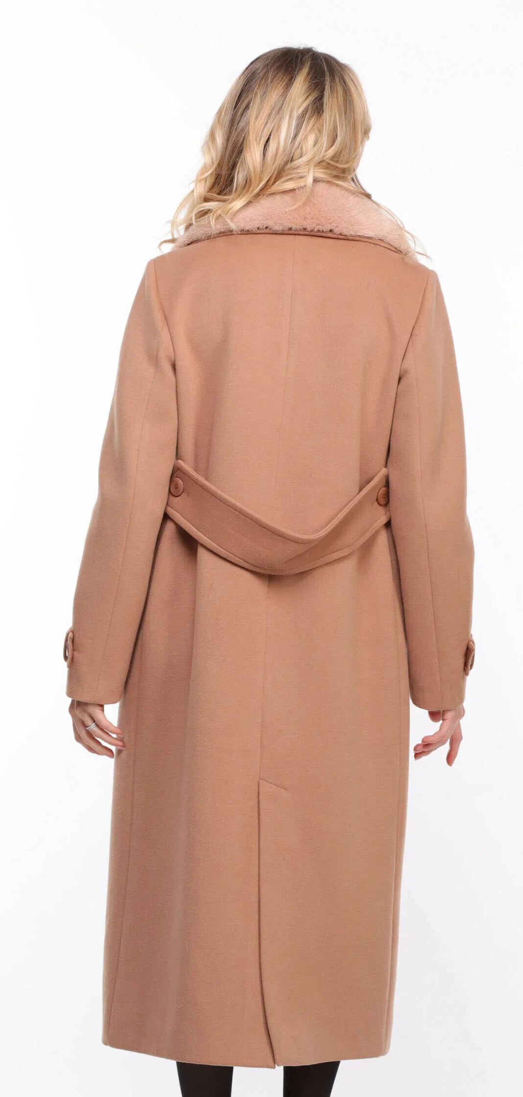 Woman's Mink Collar Fabric Coat in Taupe Synthia