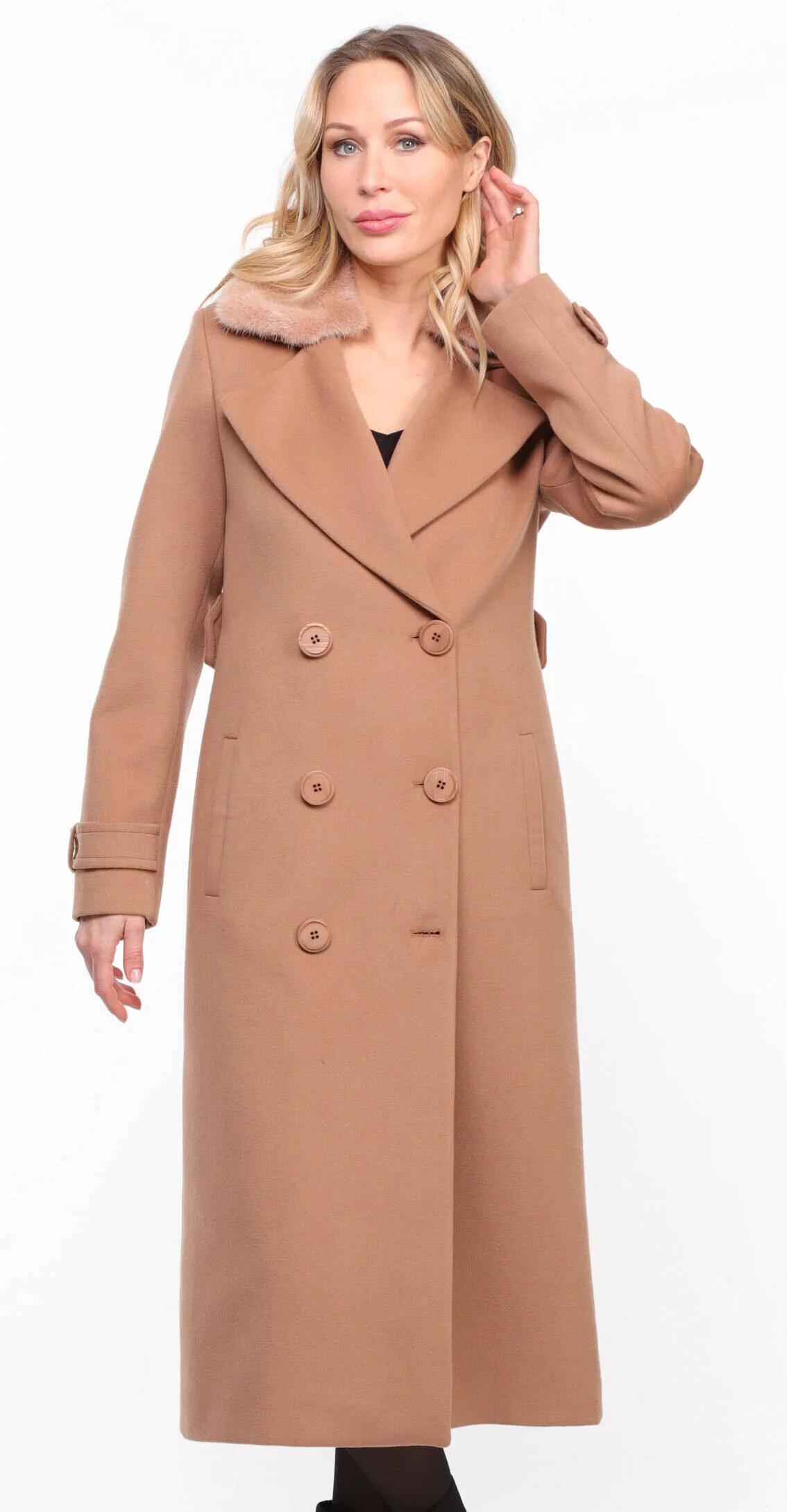 Woman's Mink Collar Fabric Coat in Taupe Synthia